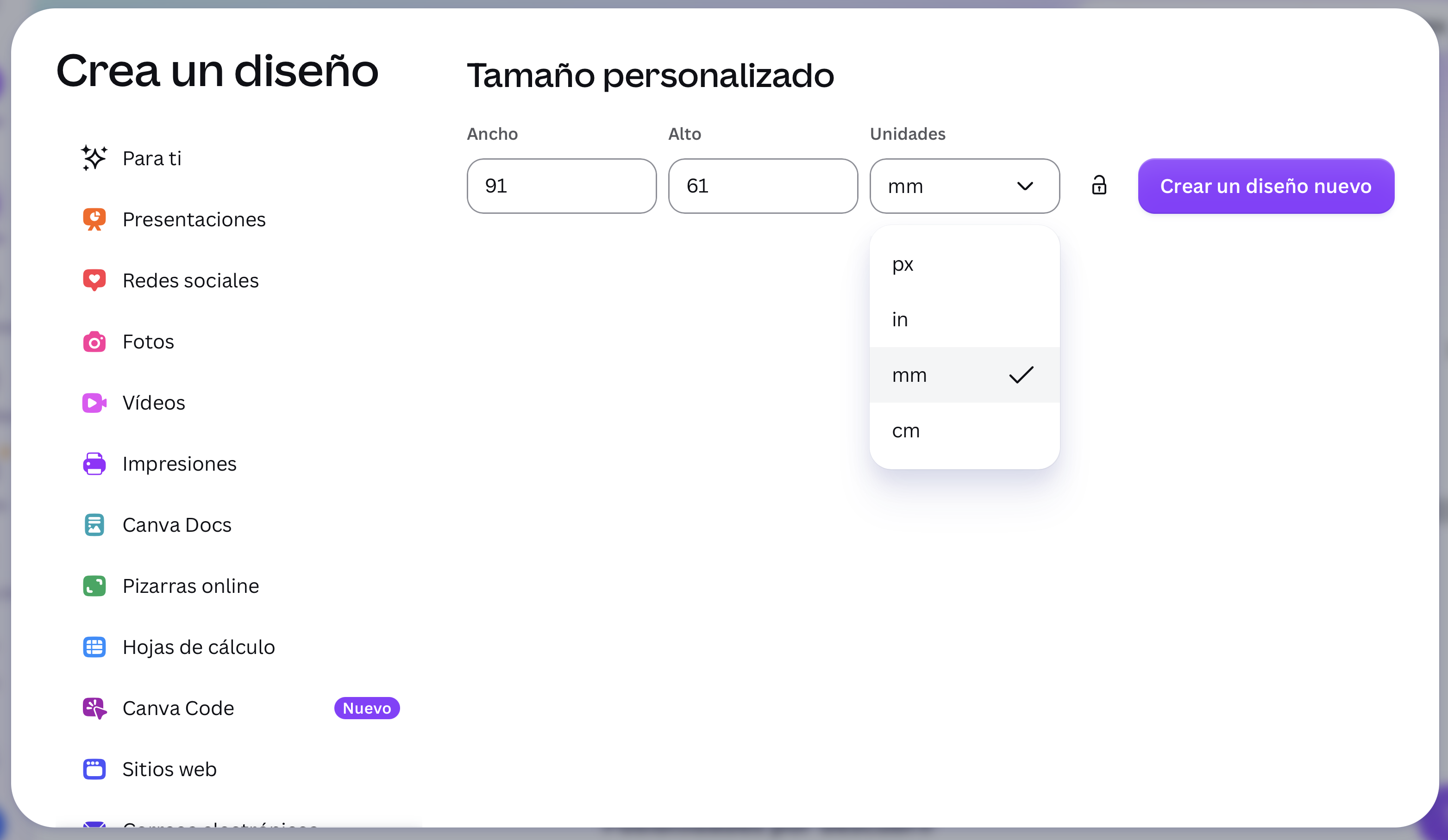 Crear diseño con tamaño personalizado en Canva