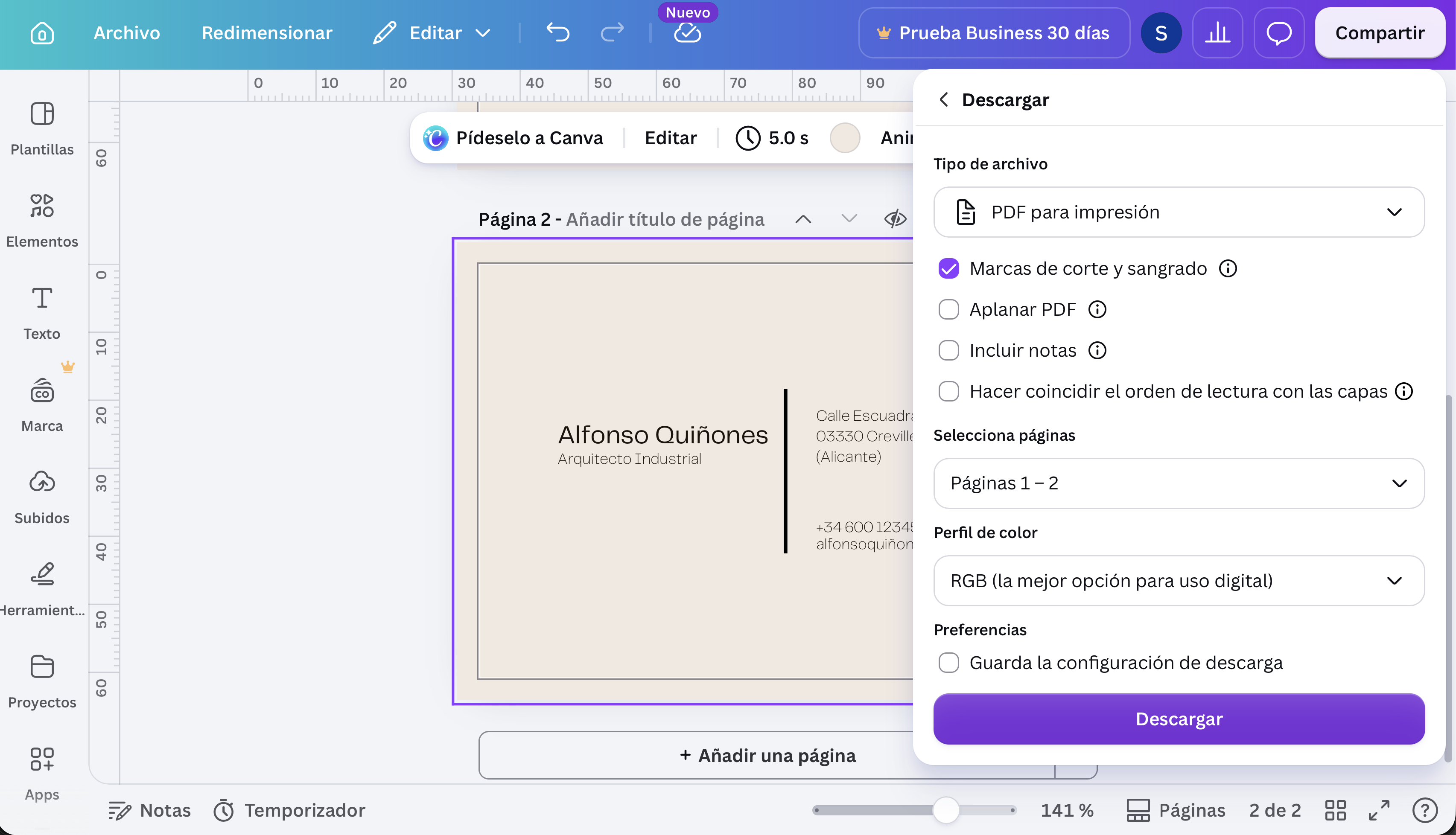 Exportar PDF para imprimir en Canva